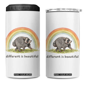 Cute Viral Raccoon Positive Quote 4 in 1 Can Cooler Tumbler Different Is Beautiful Pastel Rainbow Graphic