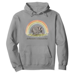 Cute Viral Raccoon Positive Quote Hoodie Different Is Beautiful Pastel Rainbow Graphic TS02 Sport Gray Print Your Wear