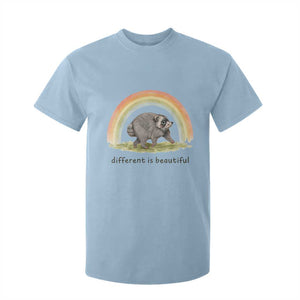 Cute Viral Raccoon Positive Quote T Shirt For Kid Different Is Beautiful Pastel Rainbow Graphic TS02 Light Blue Print Your Wear