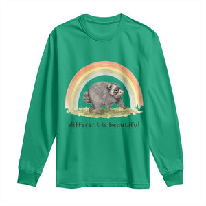 Cute Viral Raccoon Positive Quote Long Sleeve Shirt Different Is Beautiful Pastel Rainbow Graphic TS02 Irish Green Print Your Wear