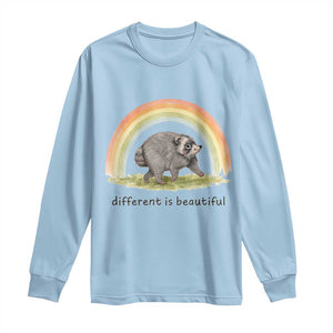 Cute Viral Raccoon Positive Quote Long Sleeve Shirt Different Is Beautiful Pastel Rainbow Graphic TS02 Light Blue Print Your Wear