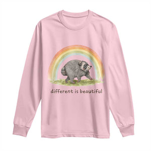 Cute Viral Raccoon Positive Quote Long Sleeve Shirt Different Is Beautiful Pastel Rainbow Graphic TS02 Light Pink Print Your Wear