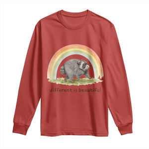 Cute Viral Raccoon Positive Quote Long Sleeve Shirt Different Is Beautiful Pastel Rainbow Graphic TS02 Red Print Your Wear