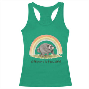 Cute Viral Raccoon Positive Quote Racerback Tank Top Different Is Beautiful Pastel Rainbow Graphic TS02 Irish Green Print Your Wear