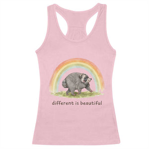Cute Viral Raccoon Positive Quote Racerback Tank Top Different Is Beautiful Pastel Rainbow Graphic TS02 Light Pink Print Your Wear