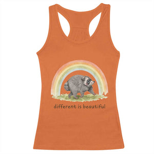 Cute Viral Raccoon Positive Quote Racerback Tank Top Different Is Beautiful Pastel Rainbow Graphic TS02 Orange Print Your Wear