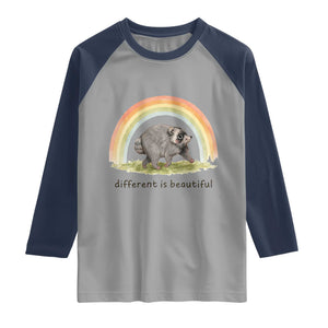 Cute Viral Raccoon Positive Quote Raglan Shirt Different Is Beautiful Pastel Rainbow Graphic
