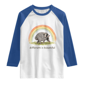 Cute Viral Raccoon Positive Quote Raglan Shirt Different Is Beautiful Pastel Rainbow Graphic