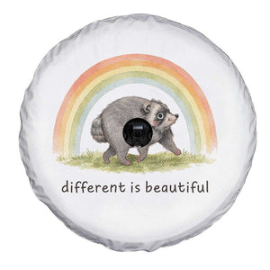 Cute Viral Raccoon Positive Quote Spare Tire Cover Different Is Beautiful Pastel Rainbow Graphic