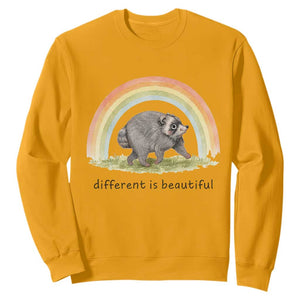 Cute Viral Raccoon Positive Quote Sweatshirt Different Is Beautiful Pastel Rainbow Graphic TS02 Gold Print Your Wear