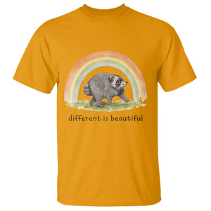 Cute Viral Raccoon Positive Quote T Shirt Different Is Beautiful Pastel Rainbow Graphic TS02 Gold Print Your Wear