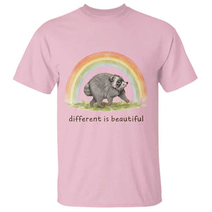 Cute Viral Raccoon Positive Quote T Shirt Different Is Beautiful Pastel Rainbow Graphic TS02 Light Pink Print Your Wear