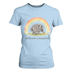 Cute Viral Raccoon Positive Quote T Shirt For Women Different Is Beautiful Pastel Rainbow Graphic TS02 Light Blue Print Your Wear
