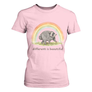Cute Viral Raccoon Positive Quote T Shirt For Women Different Is Beautiful Pastel Rainbow Graphic TS02 Light Pink Print Your Wear