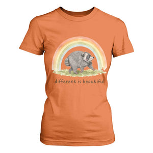 Cute Viral Raccoon Positive Quote T Shirt For Women Different Is Beautiful Pastel Rainbow Graphic TS02 Orange Print Your Wear