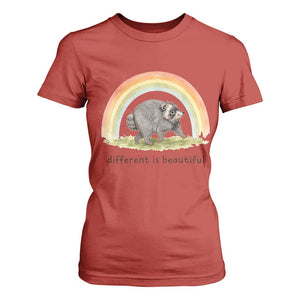 Cute Viral Raccoon Positive Quote T Shirt For Women Different Is Beautiful Pastel Rainbow Graphic TS02 Red Print Your Wear