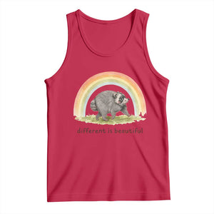 Cute Viral Raccoon Positive Quote Tank Top Different Is Beautiful Pastel Rainbow Graphic
