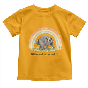 Cute Viral Raccoon Positive Quote Toddler T Shirt Different Is Beautiful Pastel Rainbow Graphic TS02 Gold Print Your Wear