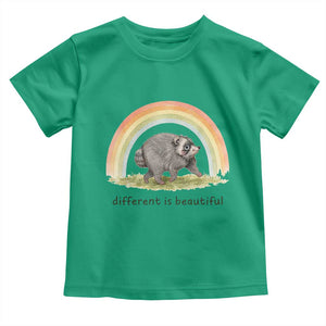 Cute Viral Raccoon Positive Quote Toddler T Shirt Different Is Beautiful Pastel Rainbow Graphic TS02 Irish Green Print Your Wear