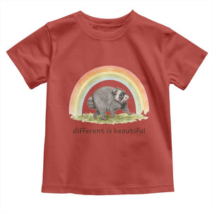 Cute Viral Raccoon Positive Quote Toddler T Shirt Different Is Beautiful Pastel Rainbow Graphic TS02 Red Print Your Wear