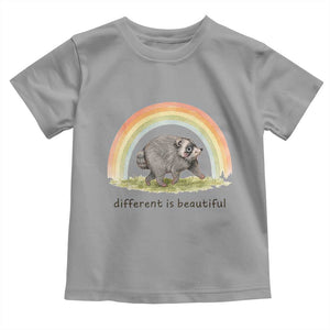 Cute Viral Raccoon Positive Quote Toddler T Shirt Different Is Beautiful Pastel Rainbow Graphic TS02 Sport Gray Print Your Wear