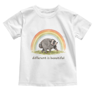 Cute Viral Raccoon Positive Quote Toddler T Shirt Different Is Beautiful Pastel Rainbow Graphic TS02 White Print Your Wear
