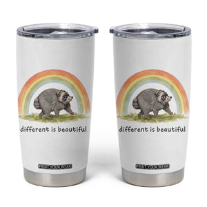 Cute Viral Raccoon Positive Quote Tumbler Cup Different Is Beautiful Pastel Rainbow Graphic