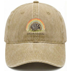 Cute Viral Raccoon Positive Quote Washed Cotton Baseball Cap Different Is Beautiful Pastel Rainbow Graphic TS02 Print Your Wear