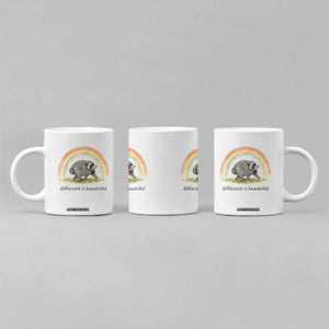 Cute Viral Raccoon Positive Quote Coffee Mug Different Is Beautiful Pastel Rainbow Graphic