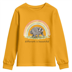 Cute Viral Raccoon Positive Quote Youth Sweatshirt Different Is Beautiful Pastel Rainbow Graphic TS02 Gold Print Your Wear