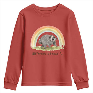 Cute Viral Raccoon Positive Quote Youth Sweatshirt Different Is Beautiful Pastel Rainbow Graphic TS02 Red Print Your Wear