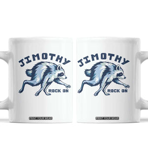 Rock On Jimothy the Raccoon Blue Graphic Coffee Mug Vintage Viral Seattle Trash Panda