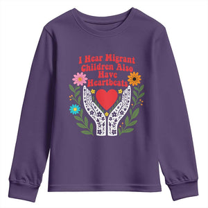 I Hear Migrant Children Also Have Heartbeats Youth Sweatshirt Groovy Retro Floral Hands Heart Social Justice