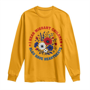 I Hear Migrant Children Also Have Heartbeats Long Sleeve Shirt Patriotic Red White Blue Floral Human Rights