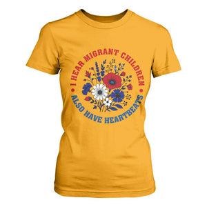 I Hear Migrant Children Also Have Heartbeats T Shirt For Women Patriotic Red White Blue Floral Human Rights