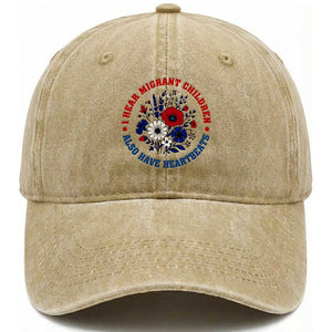 I Hear Migrant Children Also Have Heartbeats Washed Cotton Baseball Cap Patriotic Red White Blue Floral Human Rights