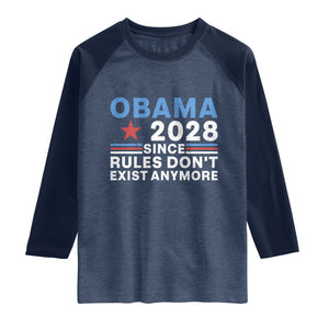 Obama 2028 Since Rules Dont Exist Anymore Raglan Shirt Political Satire Red White and Blue