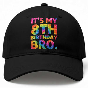 It is My 8th Birthday Bro Printed Tie Dye Graphic Baseball Cap 8 Years Old Bday Party Retro Hippie Rainbow