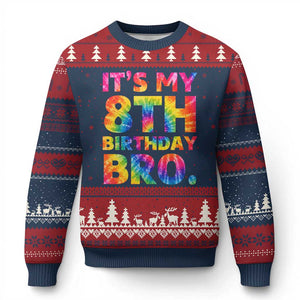 It is My 8th Birthday Bro Printed Tie Dye Graphic Ugly Christmas Sweater 8 Years Old Bday Party Retro Hippie Rainbow