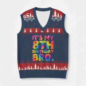 It is My 8th Birthday Bro Printed Tie Dye Graphic V-Neck Knit Sweater Vest 8 Years Old Bday Party Retro Hippie Rainbow