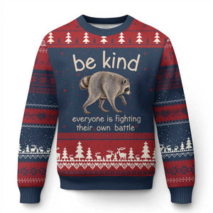 Jimothy the Raccoon Short Spine Inspirational Ugly Christmas Sweater Be Kind Everyone Is Fighting Their Own Battle Seattle Trash Panda Legend TS02 Navy Red Print Your Wear