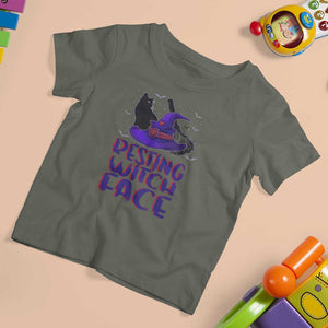 Funny Witch T Shirt For Kid Resting Witch Face With Black Cat TS02 Military Green Print Your Wear