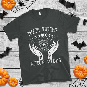 Thick Thighs Witch Vibes Celestial Witchcraft Moon Phases T Shirt TS02 Dark Heather Print Your Wear