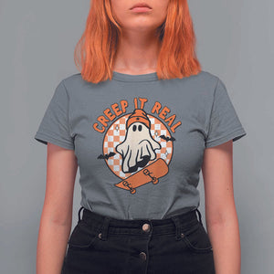 Halloween Skating Boo Sheet T Shirt For Women Creep It Real Ghost Fall Season Retro Vintage TS02 Charcoal Print Your Wear
