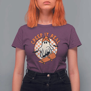 Halloween Skating Boo Sheet T Shirt For Women Creep It Real Ghost Fall Season Retro Vintage TS02 Maroon Print Your Wear