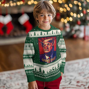 Quiet Piggy Sarcastic Trump Ugly Christmas Sweater Funny Pig Political Satire TS02 Forest Green Beige Print Your Wear