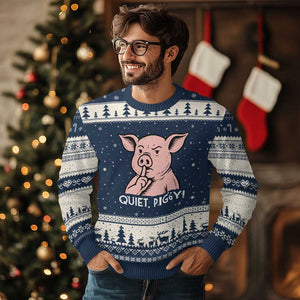 Quiet Piggy Funny Shushing Pig Ugly Christmas Sweater Funny Political Satire Cute Cartoon Animal Humor TS02 Navy Beige Print Your Wear
