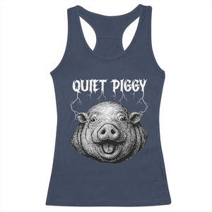 Quiet Piggy Metal Style Racerback Tank Top Dark Humor Pig Political Satire Humor Rock Aesthetic TS02 Navy Print Your Wear