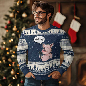 Quiet Piggy Funny Sarcastic Pig Ugly Christmas Sweater Political Satire Humor Free Speech TS02 Navy Beige Print Your Wear