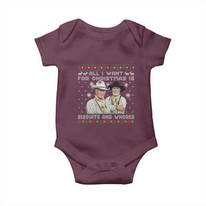 Funny Western Christmas Cowboy Humor Baby Onesie All I Want for Christmas Is Biscuits and Whores TS02 Maroon Print Your Wear